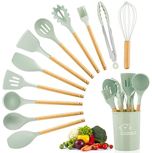 Kitchen Utensils Set, 12 Pcs Silicone Cooking Utensils with Holder, Non-Stick Cooking Tools with Wooden Handle, Silicone Kitchen Gadgets Cooking Spatula Turner Heat Resistant Tools