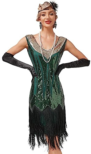 Abiti da donna anni '20 Gatsby Flapper abiti anni '20 vintage paillettes abito da cocktail con frange, Verde+oro, XS