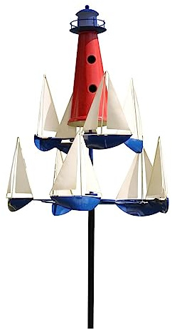 Sommer-Leuchtturm-Segelboot-Windmühlen, Neue kinetische Kunst-Windskulptur, nautische Windskulptur-Metalldekoration for Hofgarten, Outdoor-Metall-Windspiel for Rasen im Freien