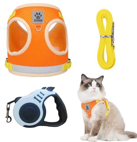 Katzen Geschirr Set mit Leine, Automatischem Katzengeschirr mit 3 m/9,84 Fuß,Katzenleine Verstellbares, Ausbruchsicheres Katzengeschirr Ausbruchsicher mit Leinen und Nachtreflektor Weich Katzen Weste
