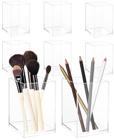 YKUKIZEE 8Pcs Acrylic Pen Pot Clear, Square Pen Holder, Pencil Cup for Desk | Transparent Makeup Brush Holder, for Makeup Pencil, Tabletop Stationery Organizer