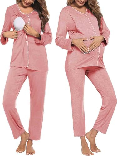 Ensemble De Pyjama d'allaitement De Maternité, Vêtements De Nuit Rayés À Manches Longues Vêtements De Détente Pyjama pour Femmes, Vêtements De Maternité pour Hôpital À Domicile,Rose,M