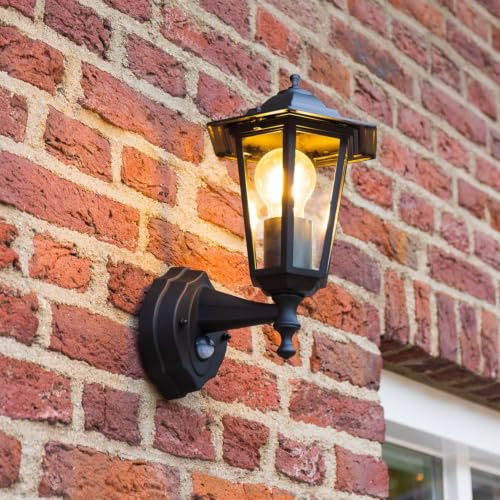 HOFTRONIC - Huron LED Wandleuchte mit Bewegungsmelder Klassisch E27 - IP44 Wasserdicht - Außenlampe 120° Sensor - Schwarz Aluminium - Außenwandleuchte - Haustürlampe