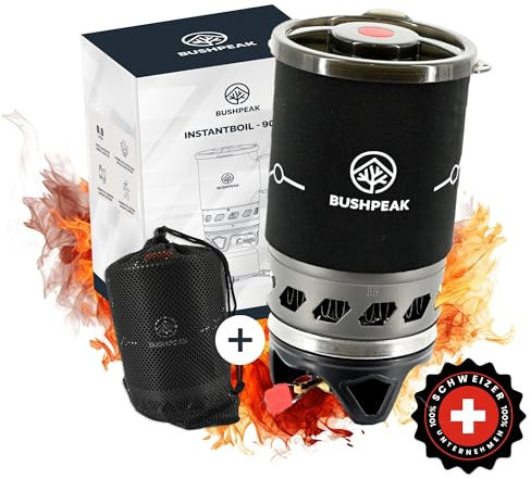 Bushpeak Gaskocher Outdoor Instantboil mit Transporttasche und Aufsatz 900 ml - 1800 ml I Campingkocher Gas Set 1-flammig mit Kochtopf und Piezozündung (900ml)