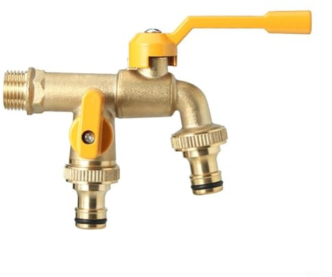 RANRAO Universal Double Outlet Tap for The Garden, Double Outlet Garden Outdoor Tap Ball Valve Faucet Hose Fitting, 1/2*3/4*3/4, Brass Color