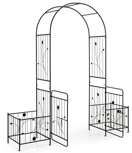 GiantexUK Garden Arch, 2.2M Metal Pergola Trellis Arbour, Rose Vine Climbing Plants Trellis Support Archway for Lawn Patio Wedding Ceremony Party Decoration (with Gate & Planter, 198x50x220 cm)