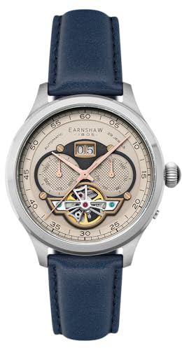 Thomas Earnshaw Men's 43mm Baron Grand Date Calendar Open Heart Automatic Camel Blue Watch with Leather Strap ES-8187-04