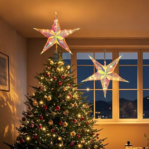 Lewondr Estrella de Navidad Árbol Topper, 2 PCS Colgante Estrella de Luz al Aire Libre/Interior con Función de Temporizador 6H, 8 Modos de Luz, 13 Pulgadas Árbol Iluminado Topper para Casa Patio