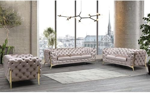 S-Style Möbel Set Sofa 3 Sitzer 2 Sitzer Sessel Couch 3 Stück Metallbeine Gold Elegant Gesteppt Freistehend Milton Dunkle Creme