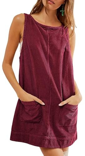 Haibang Vestido Casual de Pana para Mujer,Cuello Redondo, línea A, Falda Alta, Minivestido, Peto, con Bolsillos