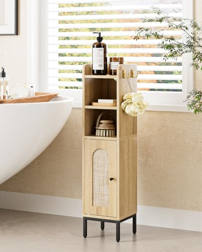 HEYZOEY Badezimmerschrank Schmal, freistehender Badschrank, hohe Badezimmerschränke mit Tür, schmaler Schrank für Badezimmer,Küche,Wohnzimmer,Schlafzimmer,Balkon oder Büro, Schwarz Rattan