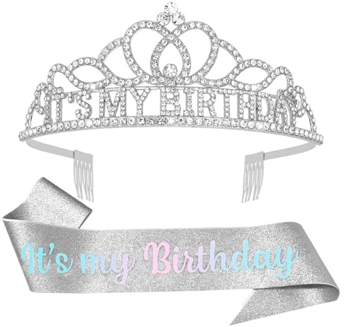 Padorul It’s my Birthday Silver Diamond Crown & Sash Set, Rhinestone Silver Princess Tiara Headband with Comb & Sparkle Sash Set for Birthday Party Queen Princess Decoration