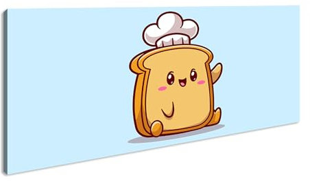 Panera tostada feliz con gorro de cocinero saludando amigable. Panorama 120 x 60 cm XXL Impresión artística en marco de madera/lienzo/mural/decoración de salón