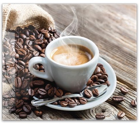 Herdabdeckplatte 60x52 cm einteilig – Kaffee, Espresso, Kaffeebohnen, rustikales Holz, Café Atmosphäre | ESG Glas Ceranfeldabdeckung, Schneidebrett, Abdeckplatte, Herd, Induktion, Küche
