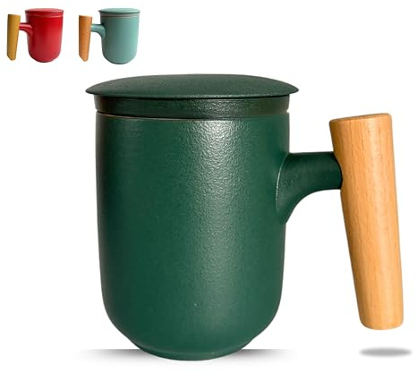 BREEZY NEST Tea Strainer Mug with Lid - Matte Ceramic Infuser Mug for Loose Leaf Tea, Japanese Infuser Teapot, Fine Strainer, Dishwasher Safe - 300ml Capacity (Forest Green)