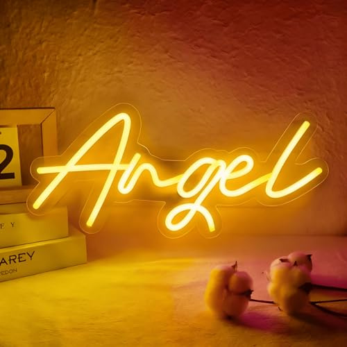 Angel Neon Schild, LED Warmweiß Engel Neon Sign für Wand Deko, Dimmbare Brief Neonlichter USB Power für Schlafzimmer Wohnzimmer Pub Home Bar Club Hochzeit Party