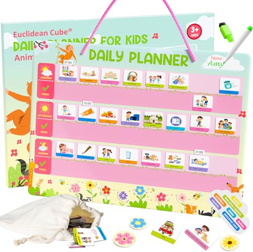 Visual Timetable Daily Planner for Kids - Magnetic Schedule Board with 195 Magnets, 1 Storage Bag, 1 Cord & 1 Pen, Reward Charts for Children Behaviour - Now and Next Board Autism (Animal Theme)
