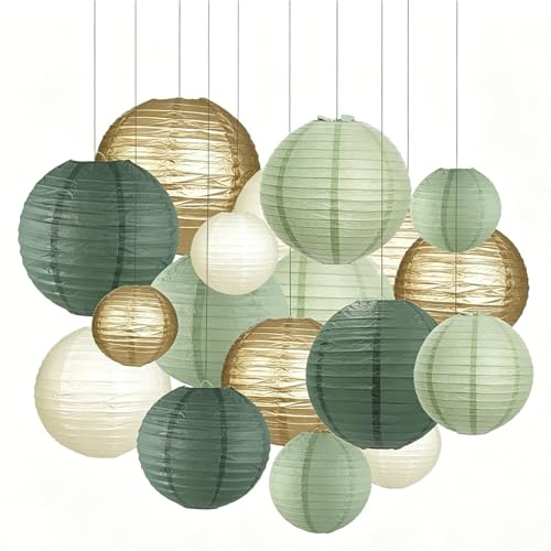 12 Stück Papierlaternen, Lampions für Hochzeitsdekoration, Gartenparty Deko in Weiß, Grün und Gold, Wetterfeste Papierlaternen für DIY Projekte und Veranstaltungen
