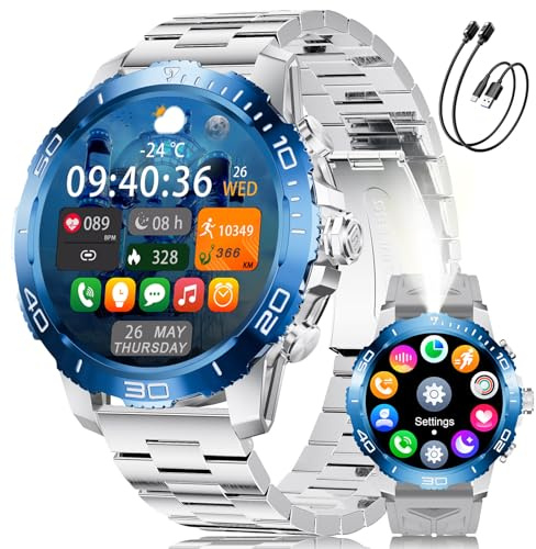 LIGE Smartwatch Herren mit 800mAh/Taschenlampe für Android iOS, 1,43'' AMOLED Display Geschäfts-Armbanduhr mit Anrufen, 200+ Sportmodi, IP68 Wasserdicht, Herzfrequenz/Schlafmonitor, Metallarmband