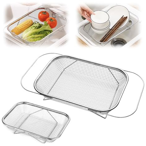 Passoire au-dessus de l'évier avec filtre à maille fine, poignées extensibles en acier inoxydable pour évier de cuisine (L - 33 x 24,5 x 8 cm)