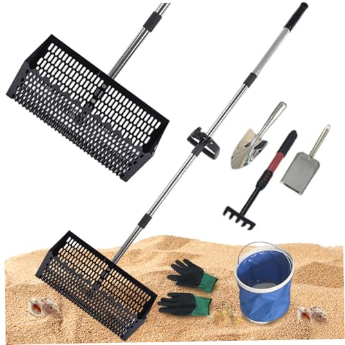 Rastrello antipulci per spiaggia, Rastrello antipulci per sabbia, Acciaio al carbonio con manico ergonomico lungo resistente e denti di squalo, Setaccio da spiaggia rimovibile per la raccolta delle p