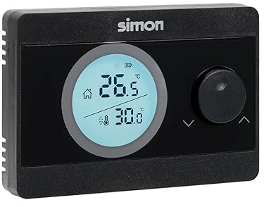 SIMON Digital ON/OFF-termostat, kompatibel med värme- och luftkonditioneringssystem, 5 °C och 30 °C, bakgrundsbelyst skärm, enkel ytkontroll, svart färg