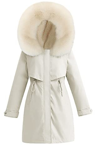 Vinterkappa dam lång varm fodrad dunrock varm quiltad kappa med pälshuva vinterjacka vindtät utomhusjacka tjock dunjacka vinterparkas vinterparkas dam lång bufferrock, Beige, L