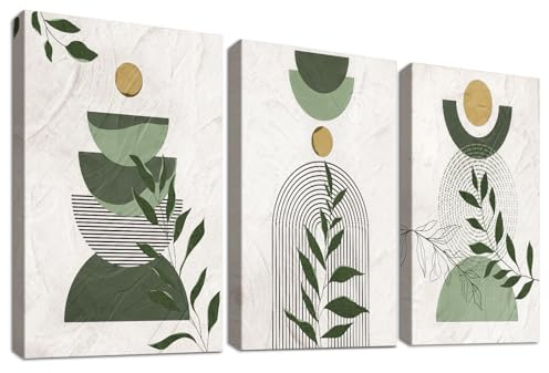 Set of 3 Cadre en Bois Impression sur Toile Boho Vert Sauge Tableau Image sur Toile Feuilles Bohèmes Beiges et Vertes Peinture Géométriques Tableau Decoration Murale Salon Chambre 40x60cm x 3pcs