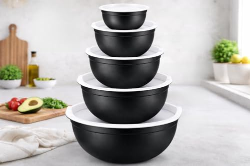 KWARE Stainless Steel Mixing Bowls Set of 5 with Lid Stainless Steel Mixing Bowl Set - Easy to Clean, Nesting Bowls for Space Saving Storage, Great for Cooking, Baking, Prepping (Black)