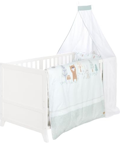roba Komplettbettset Woodland Buddies - Babybett 70 x 140 cm aus Holz inkl. Matratze, Bettwäsche, Himmel & Himmelstange - Mitwachsendes Kinderbett ab 6 Monate - Weiß