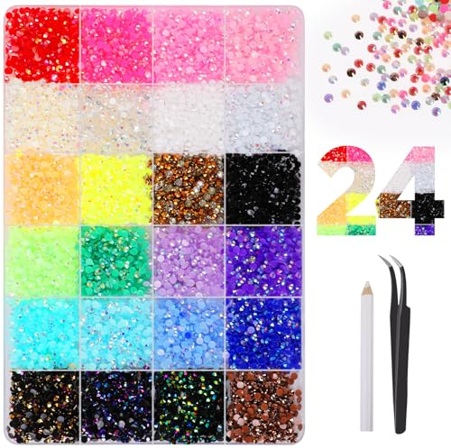 24 Couleurs Strass pour Nail Art Wyngee,24000pcs 3mm Artificiels Diamant Cristal à Dos Plat Stylo Pointeur+Pince à Épiler pour Maquillage/Décoration Ongles/Vêtements/Chaussures/DIY Artisanat