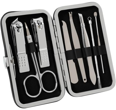 Kit de manicura y pedicura de 8 piezas de acero inoxidable ligero y compacto, cortador de uñas, pinzas y herramientas de cuidado de uñas, práctico kit de viaje para cuidar las uñas de las manos y los