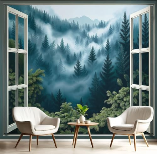 Papel Pintado Panorámico Bosque De Niebla Pinos,300x210cm Papel PintadoVista De La Ventana, Fotomural Mural de Pared para Salón, Dormitorio y Habitación Infantil, Decoración de Pared
