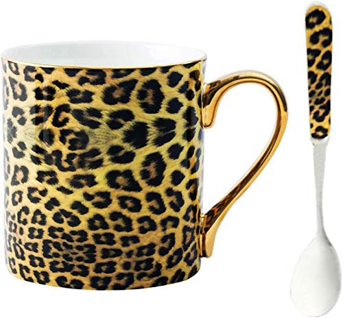 YBK Tech Tazza da caffè in porcellana Bone China, tazza da tè e caffè, per casa, cucina, ufficio (stampa leopardata)