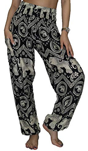Lofbaz Women's Rayon Smocked Waist Flowy Hippie Boho Harem Pants - Elephant 3 Black XL