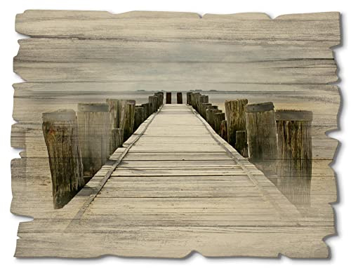 ARTland Wanddeko Bild aus Holz Holzbild vintage Deko 40x30 cm Querformat Strand Steg Küste Meer Watt Nordsee Maritim T9NK