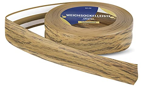 DQ-PP WEICHSOCKELLEISTE – 40m (2x20m) – eiche – 32x23mm – PVC – selbstklebend – Knickwinkel Fussleisten Gummileiste Sockelleiste Winkelprofil Abschlussleiste Bodenleiste