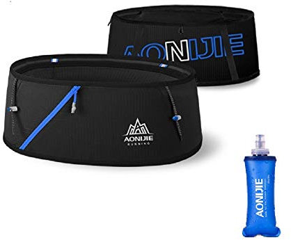Aonijie Cinturón de hidratación para correr, para viajes, senderismo, maratones, gimnasio, entrenamiento, fitness, guardar dinero, con botella de agua de 250 ml, S/M, negro