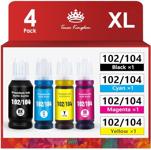 Toner Kingdom 104 102 Tinte Kompatibel mit Epson 104 multipack für Epson EcoTank ET-2720 ET-2710 ET-2715 ET-4700 ET-2820 ET-2711 mit Epson 102 für Epson EcoTank ET-2750 ET-2850 ET-4750 ET-2856 ET-4850