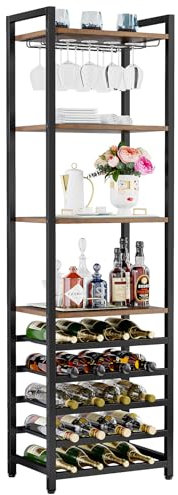 Tribesigns 20 Flaschen Wein Bäckerregal,Weinregal Freistehender Boden, 9 Etagen, industrielles freistehendes Weinregal Weinbar mit Glashalter Flaschenregal für Bar, Küche, Esszimmer, rustikal braun