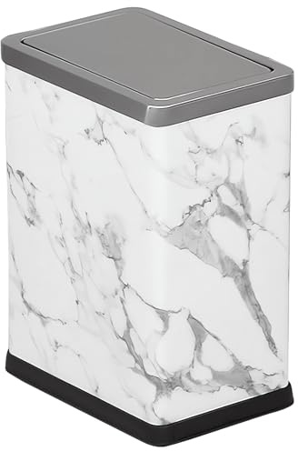Small Bathroom Waste Bin with Swing Lid,10 Liters Slim Trash Bin for Bedroom Living Room office (White Marble)
