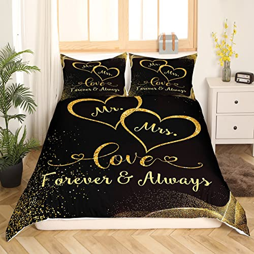 Ensemble de Literie pour Couples 220x240 - Housse de Couette Mr et Mme - Housse de Couette en Paillettes Dorées - Imprimée Coeur d'amour pour La Saint-Valentin, Cadeau d'anniversaire