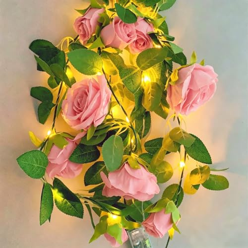 Fielegen 2M Künstliche Blume Lichterkette Batteriebetriebene Rosen Blumengirlande mit 20 LED-Licht Hängende Rosen Ranken Dekorative Lichter für Valentinstag Home Garten Geburtstag Hochzeit Party Dekor