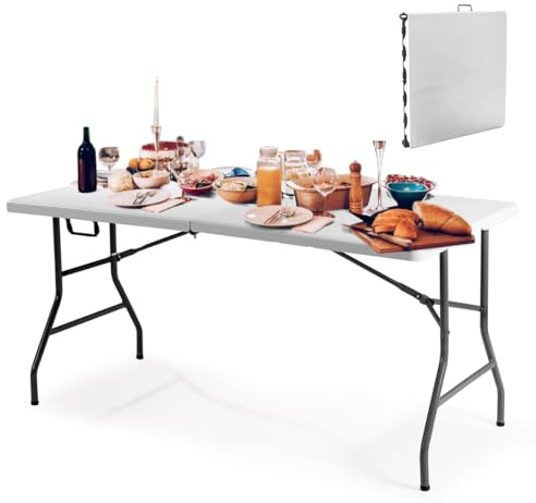 KOMFOTTEU Campingtisch klappbar, Klapptisch tragbar mit Griff, Buffettisch 152 x 73 x 74 cm, Falttisch wetterfest für Camping, Balkon, Terrasse, weiß