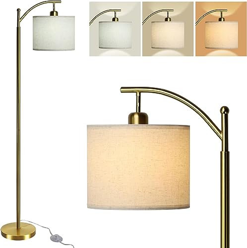 Depuly Lampadaire Arc avec 3 températures de couleur, lampe de lecture moderne avec ampoule LED 8W, lampadaire haut poteau avec abat-jour en lin pour salon, chambre à coucher, or avec gris
