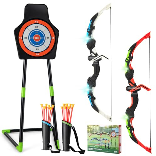 COSTWAY Arc et Flèche pour Enfants avec Lumières LED, Ensemble de Tir à l'arc avec 20 Flèches, 1 Cible Debout/Suspendue et 2 Carquois, Jeu de Tir Intérieur Extérieur pour Garçons Filles de 3 Ans+
