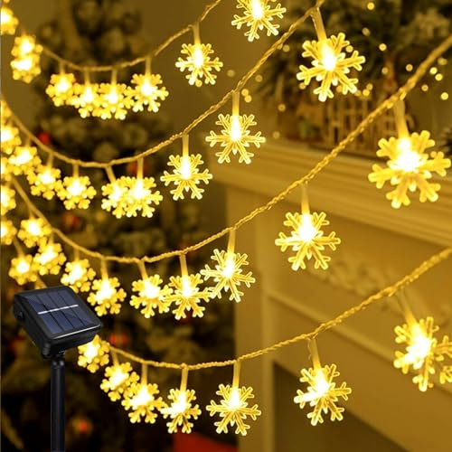 Solar LED Lichterkette Garten, Wasserdichte Schneeflocke Lichterkette 12 Meter 8 Modi 100 LEDs Schneeflocke Solar Lichterketten für Außen Hochzeits Terrassen Party Weihnachten Dekoration
