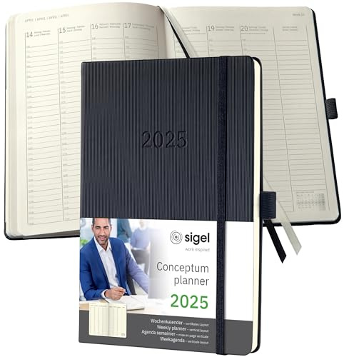 SIGEL C2519 Planungsbuch Wochenplaner Wochenkalender 2025, ca. A5, 1 Woche = 2 Seiten, 1 Spalte pro Tag, schwarz, Hardcover, 192 Seiten, Stiftschlaufe, Archivtasche, Conceptum