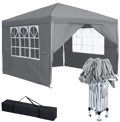 LARS360 3x3m Faltpavillon, Gartenpavillon, Faltbarer Pavillon mit Seitenteilen, Gartenzelt Partyzelt, Sonnenschutz aus wasserdichtem Oxford und Stahl für Garten, Hochzeit, Feiertag, Party, Grau