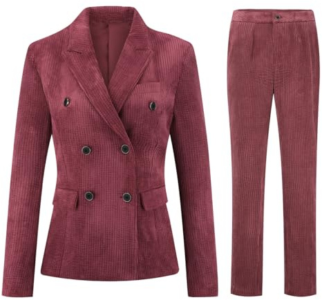 YFFUSHI - Completo da donna, 2 pezzi, in corduroy, tailleur con pantaloni, doppio petto, da lavoro, blazer slim a maniche lunghe e pantaloni, Borgogna, M